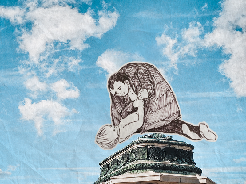 Denkmal: Ein Mensch beugt sich über einen anderen um ihn zu schützen, gezeichnet auf dem Sockel eines Denkmals