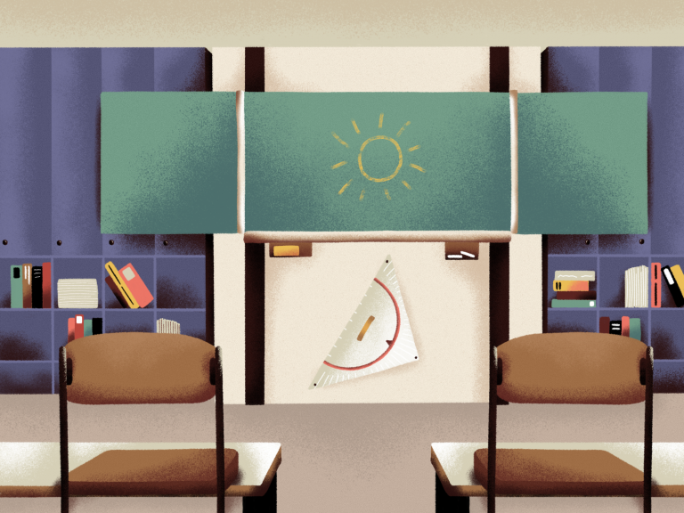 Eine Tefel und zwei Schulsessel davor, Illustration