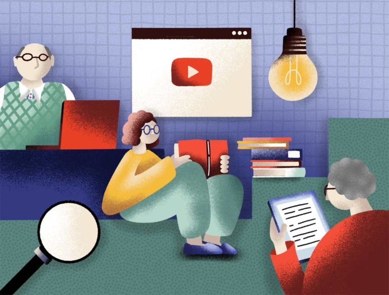 Auf der Illustration sind drei Menschen zu sehen. zwei Frauen lesen, ein Mann schaut in seinen Laptop. Dahinter ist ein Bildschirm vor blauem Hintergrund. Darauf ist ein Play-Button zu sehen. Im Vordergrund hängt eine Glühbirne.