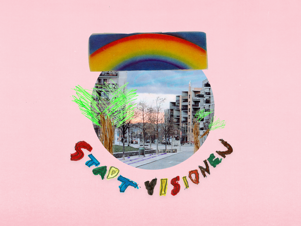 Stadtvisionen Titelbild Schriftzug Stadtvisionen auf Rosa Hintergrund. Dahinter Ein rundes Bild einer Strasse und ein Regenbogen