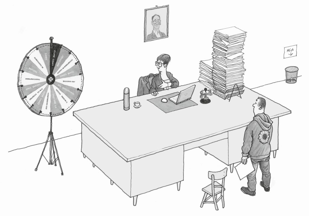 Illustration: Ein Mann steht vor einem Schreibtisch. Dahinter sitzt eine Frau. Neben dem Schreibtisch steht ein großes Glücksrad.