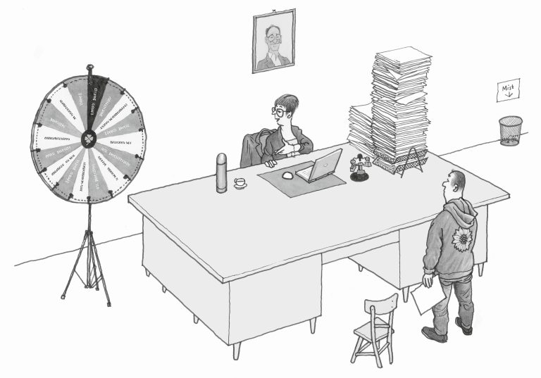 Illustration: Ein Mann steht vor einem Schreibtisch. Dahinter sitzt eine Frau. Neben dem Schreibtisch steht ein großes Glücksrad.