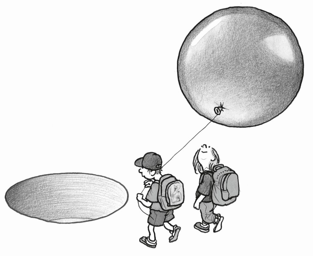 Zwei Kinder mit Schultaschen gehen auf ein rundes Loch zu. Eines hat einen Luftballon, den sich das andere anschaut.