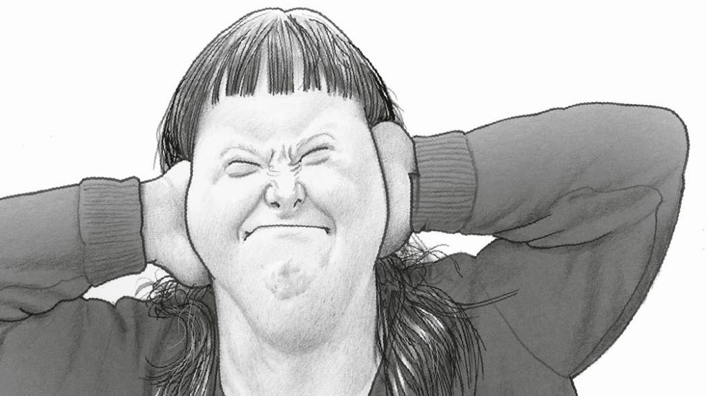 Illustration: Eine Frau kneift die Augen zusammen und hält sich die Ohren zu