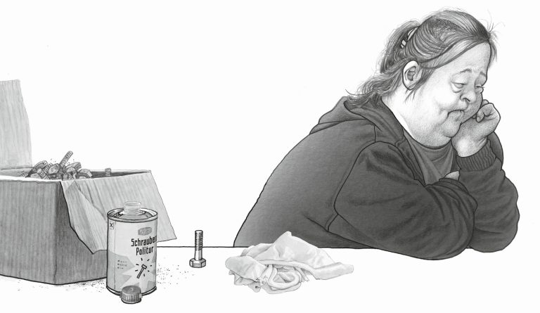 Illustration einer Frau die ihren Kopf auf den Tisch abgestützt hat und verdrossen in die Ferne blickt.