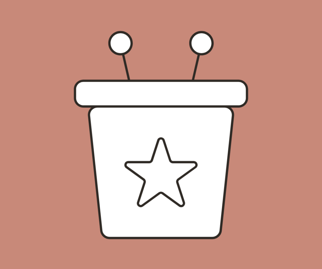 Das Icon zeigt ein Rednerpult. Oben sind zwei Mikrofone. Auf dem Pult ist ein Stern. Der Hintergrund ist in einem matten Rosa.
