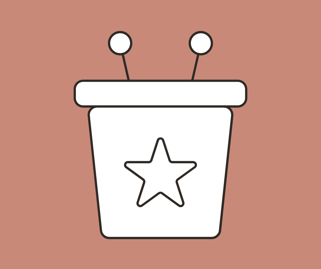 Das Icon zeigt ein Rednerpult. Oben sind zwei Mikrofone. Auf dem Pult ist ein Stern. Der Hintergrund ist in einem matten Rosa.