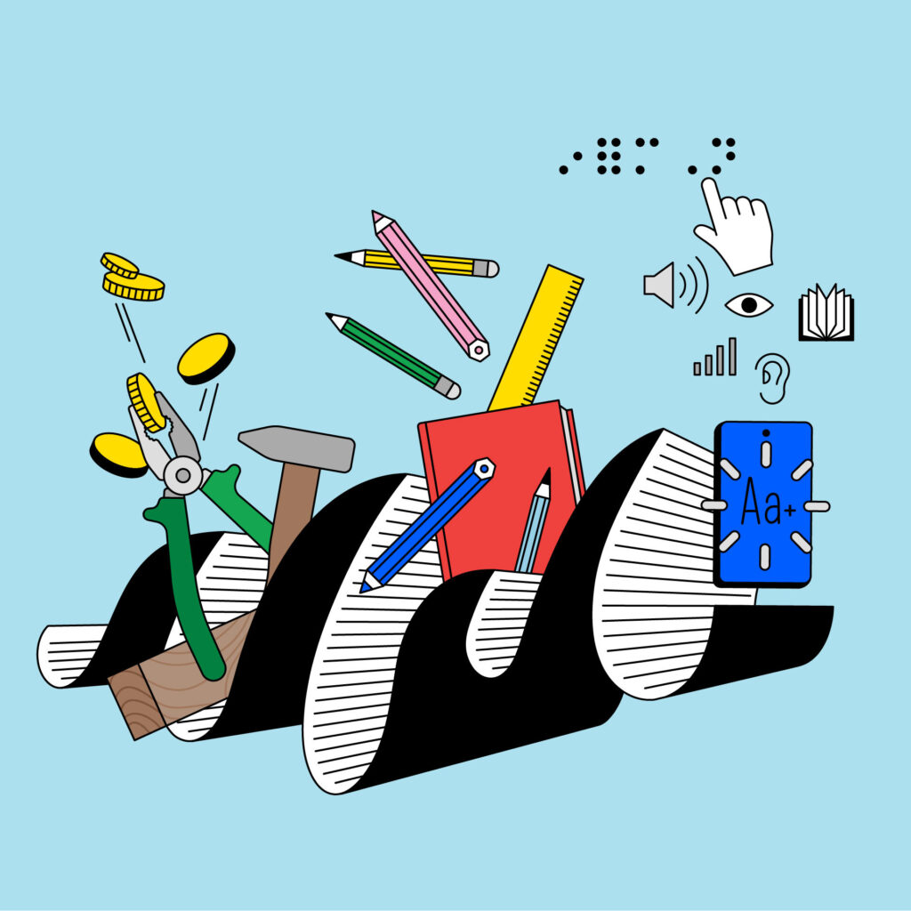 Die Illustration zeigt eine spiralförmige Papierrolle mit Text, aus der verschiedene Gegenstände wie Schulsachen, Werkzeuge und Münzen herausfliegen. Oben rechts sind Symbole für Barrierefreiheit zu sehen: ein Finger, der auf Braille-Schrift zeigt, ein Auge, ein Ohr, ein Lautsprechersymbol und ein Buch. Das Bild verbindet die Themen Lernen, Arbeit und Inklusion.