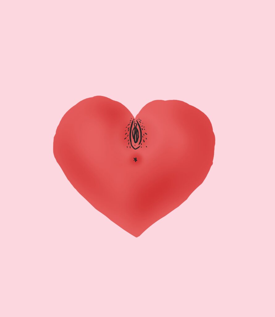 Das Bild zeigt eine rotes Herz, in dessen Spitze oben eine Vulva zu sehen ist.