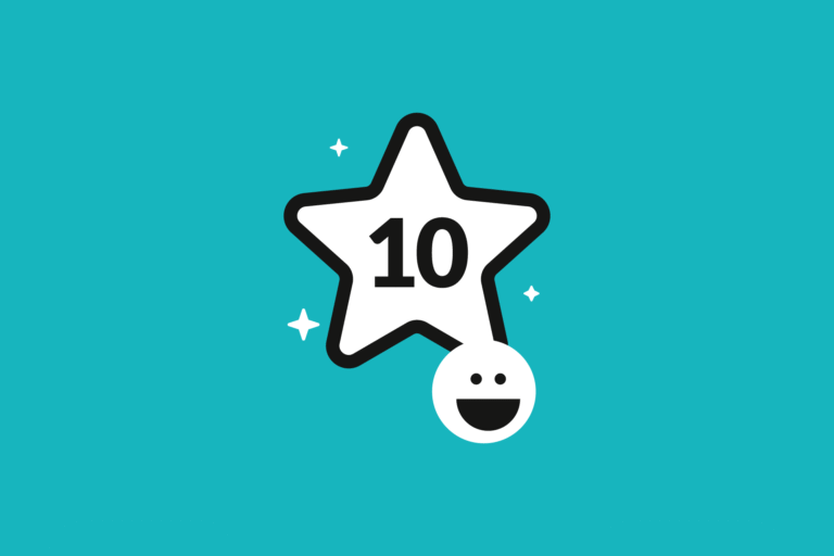 Das Icon zeigt einen weißen Stern mit schwarzer Umrandung, in dem die Zahl zehn drin steht. Darunter ist ein lachender Smiley. Der Hintergrund ist türkis.