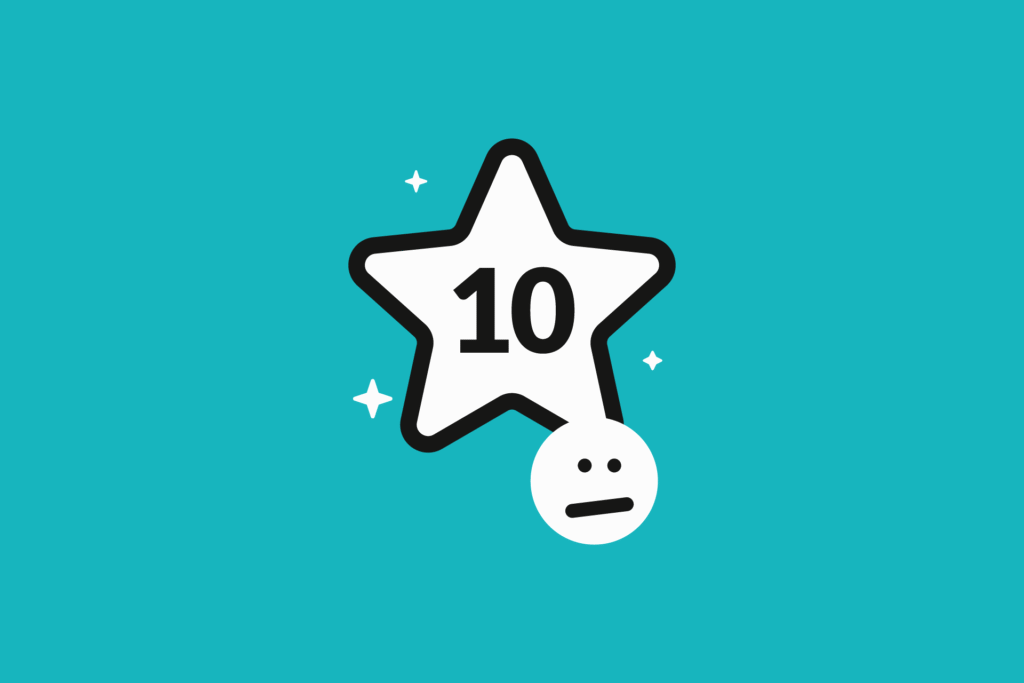 Das Icon zeigt einen weißen Stern mit schwarzer Umrandung, in dem die Zahl zehn drin steht. Darunter ist ein trauriger Smiley. Der Hintergrund ist türkis.
