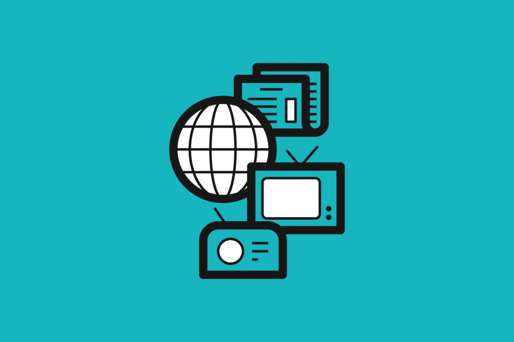 Auf diesem Icon sieht man eine Weltkugel mit Fernseher, Zeitung und Internet. Die Symbole sind weiß und türkis. Der Hintergrund ist türkis.