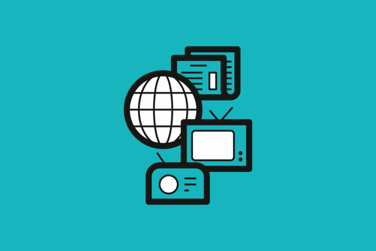Auf diesem Icon sieht man eine Weltkugel mit Fernseher, Zeitung und Internet. Die Symbole sind weiß und türkis. Der Hintergrund ist türkis.