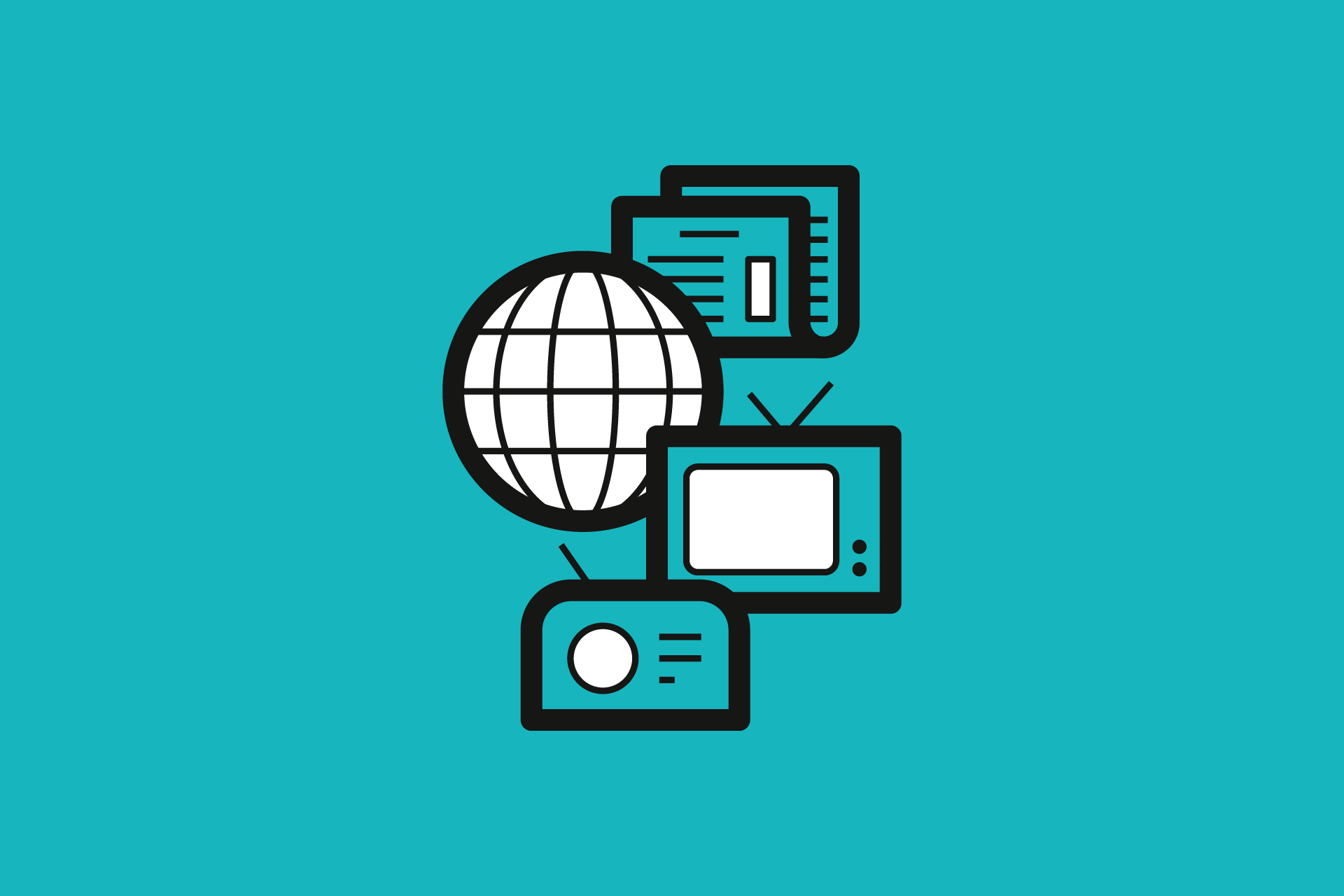 Auf diesem Icon sieht man eine Weltkugel mit Fernseher, Zeitung und Internet. Die Symbole sind weiß und türkis. Der Hintergrund ist türkis.