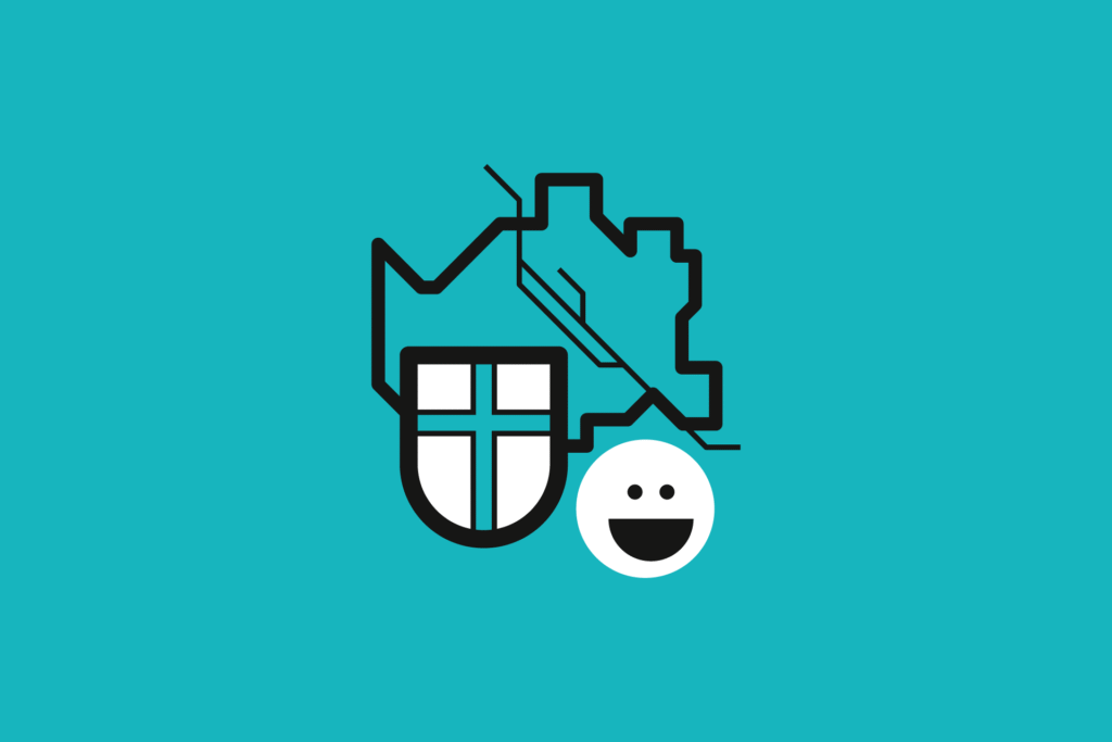 Das Icon zeigt eine Karte der Stadt Wien und das Wappen dazu. Rechts daneben ist ein Smiley, der fröhlich aussieht. Das Wappen ist weiß und türkis, der Hintergrund ist durchgehen türkis.