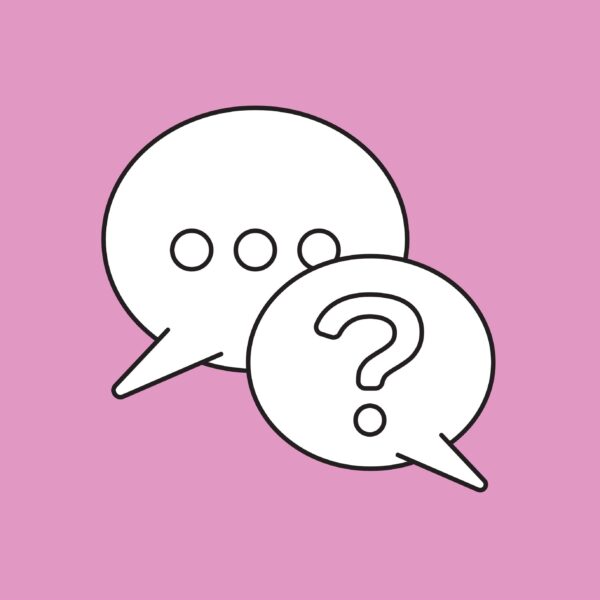 Eine Sprechblase und ein Fragezeichen.