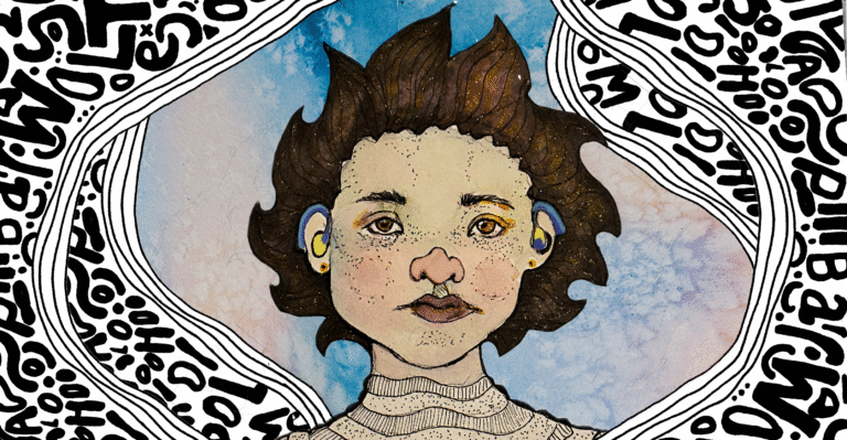 Auf dieser Zeichnung schaut ein junges Mädchen mit ernstem Blick nach vorne. Sie trägt zwei Hörgeräte. Im Hintergrund sind bunte Farben. An den Rändern sind schwarz-weiße Buchstaben.