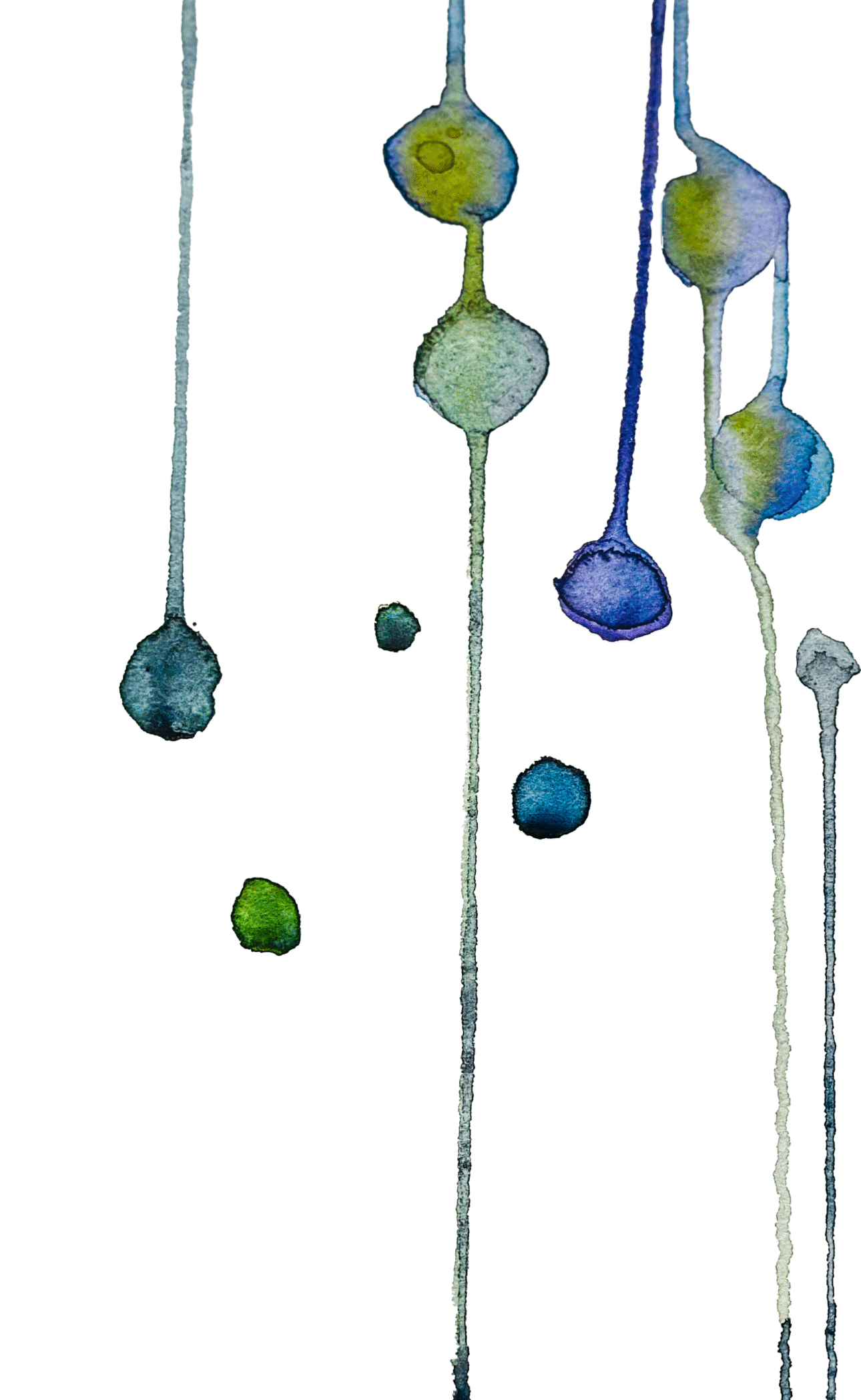 Die Zeichnung zeigt bunte Regentropfen, die an eine Scheibe hinunter rinnen. Sie sind in blauen und grünen Farben.