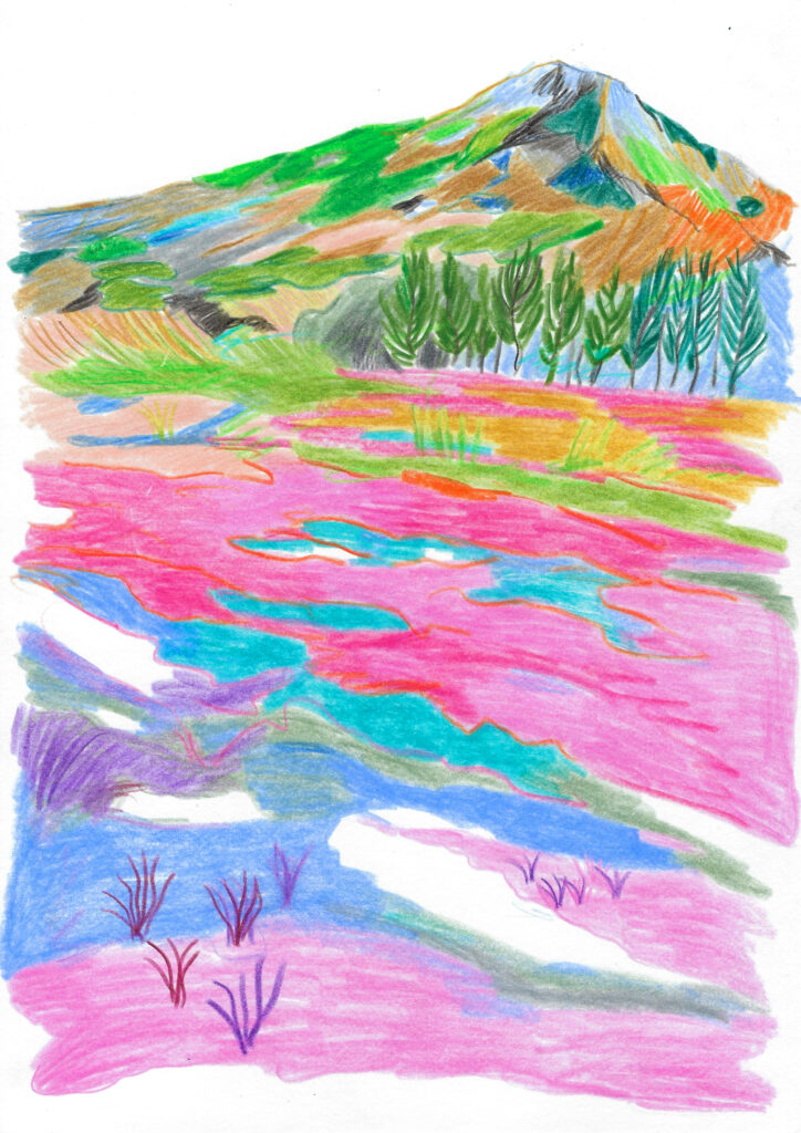 Die Zeichnung zeigt eine bunte Landschaft. Wiesen, Flüsse und am Horizont einen Berg.