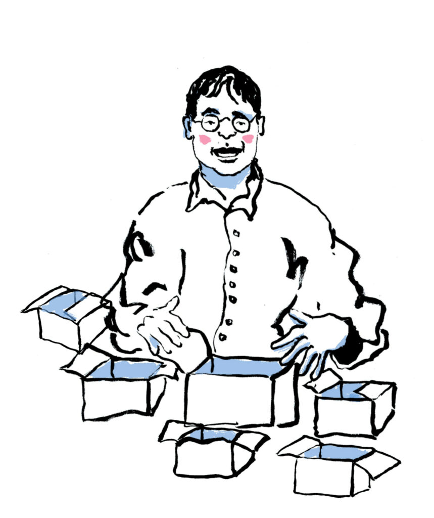 Die Illustration zeigt einen Mann, der sitzt. Er trägt eine Brille und kurze schwarze Haare. Vor ihm befinen sich mehrere offene Schachteln.