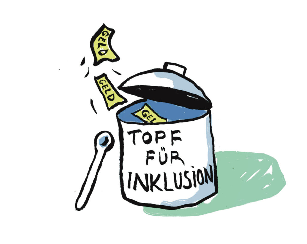 Die Illustration zeigt einen Topf und einen Deckel der halb geöffnet ist. In dem Topf fallen Geldscheine hinein. Auf dem Topf steht: "Topf für Inklusion"