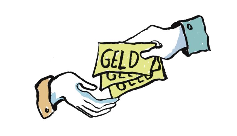 Die Illustration zeigt zwei Hände. Eine Hand reicht der anderen Hand mehrere Geldscheine.
