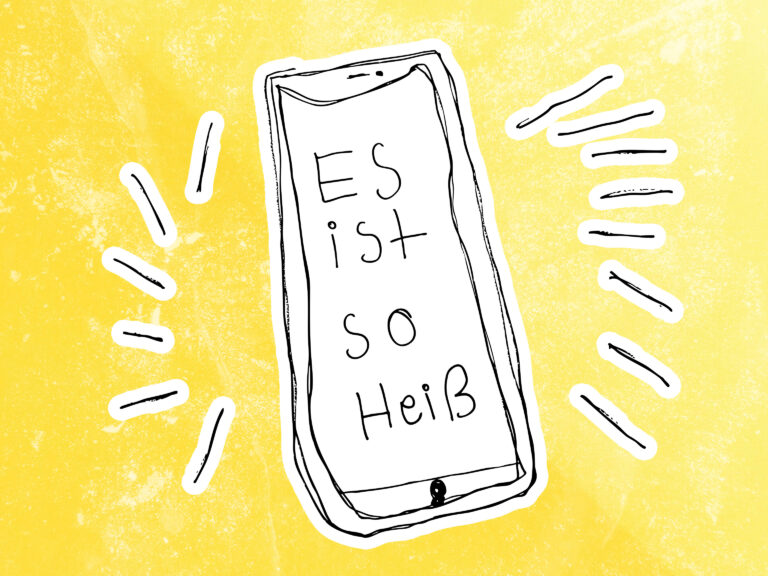 Die Illustration zeigt ein Handy. Auf dem Bildschirm darauf steh: "Es ist so heiß." Der Hintergrund ist hellgelb.