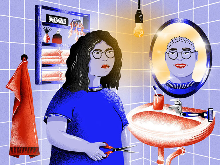 Die Illustration zeigt eine Frau, die sich im Spiegel anschaut. Sie steht in einem Badezimmer und hält in der Hand eine Schere. Sie hat braune Haare. Im Spiegelbild sieht sie sich ohne Haare.