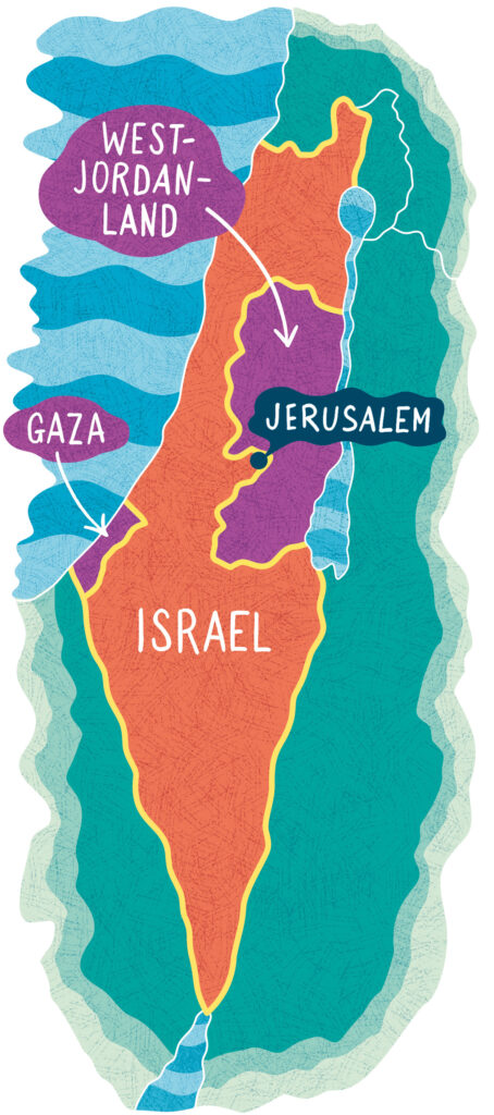 Eine Karte zeigt Israel in Rot, das Westjordanland in Lila oben rechts, Gaza in Lila links unten und Jerusalem in Lila in der Mitte.