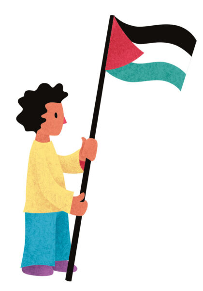 Das Bild zeigt eine gezeichnete Person mit schwarzem Haar, gelbem Oberteil und türkisfarbener Hose. Die Person hält die Flagge Palästinas in der Hand.