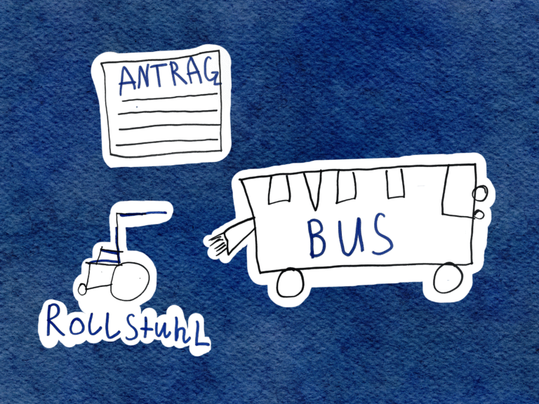 Eine einfache Zeichnung eines Busses, eines Rollstuhls und eines Antrags auf blauem Hintergrund