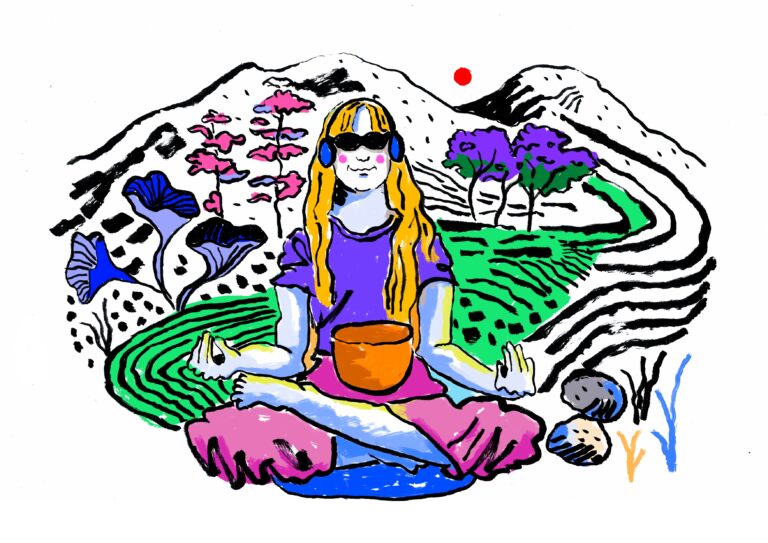 Eine Person sitzt im Schneidersitz in der Natur. Sie meditiert und hat eine Schale auf dem Schoß. Im Hintergrund sind Berge, bunte Pflanzen und die Sonne zu sehen.