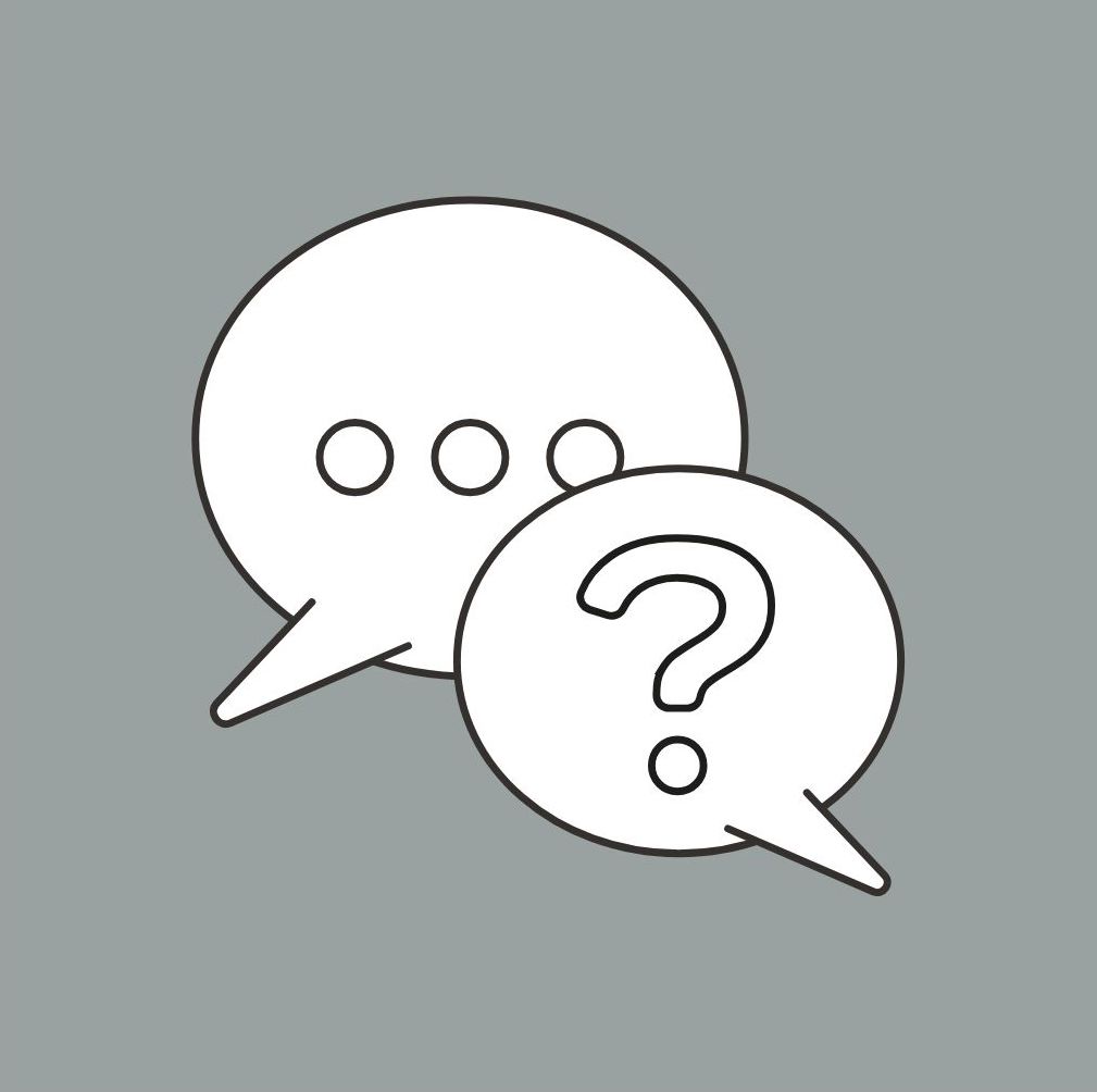 Das Icon zeigt zwei Sprechblasen. In der linken Sprechblase sind drei Punkte, in der rechten Blase ein Fragezeichen. Der Hintergrund ist hellgrau.