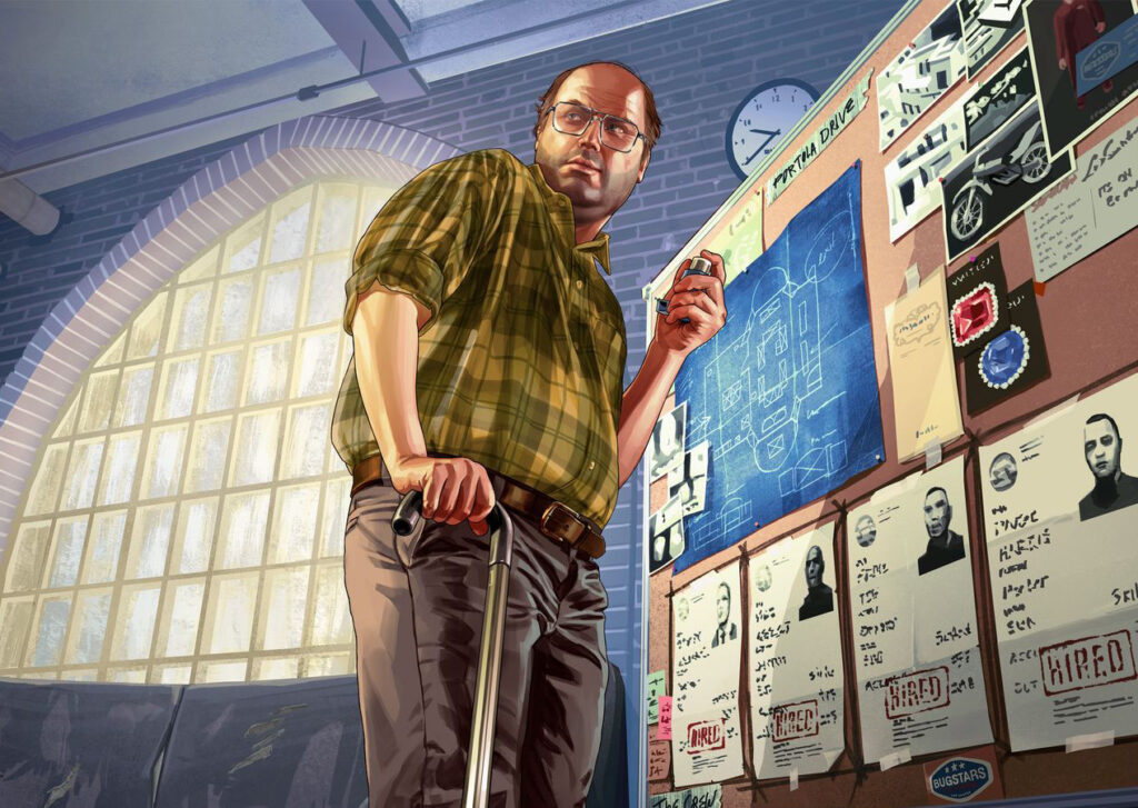 Ein Mann steht in einem Raum. Er trägt ein kariertes Hemd und eine Brille. Er hat einen Gehstock in der Hand. Vor ihm hängt eine große Pinnwand mit vielen Zetteln, Fotos und einem Bauplan.