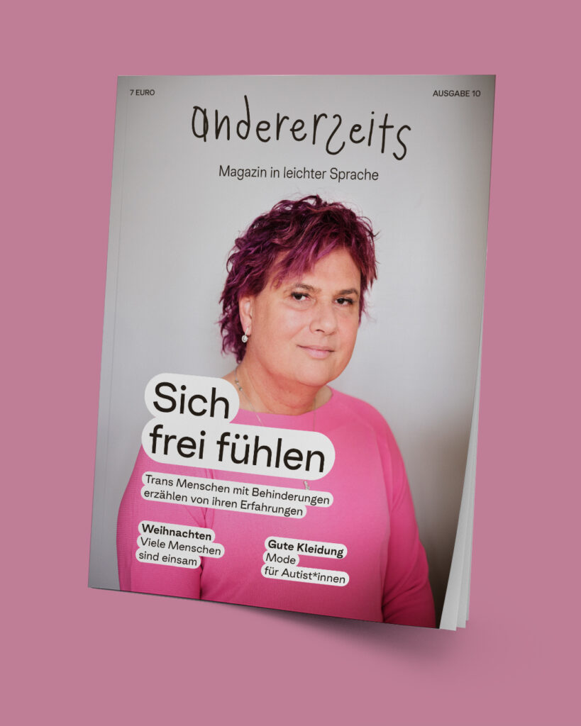 Auf dem Magazincover ist auf eine Person mit rosa Haaren, und rosa T-Shirt. Die Person ist mittleren alters, sie trägt eine kette und Orhringe. Auf dem Cover steht " Sich frei fühlen"