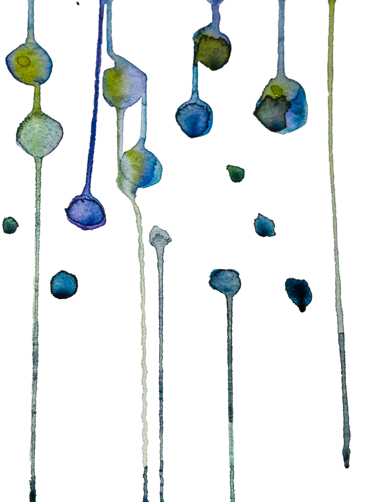 Die Zeichnung zeigt bunte Regentropfen, die an eine Scheibe hinunter rinnen. Sie sind in blauen und grünen Farben.