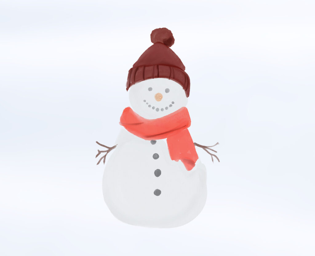 Die Zeichnung zeigt einen Schneemann. Er trägt einen roten Schal und eine braune Mütze