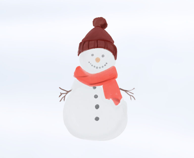Die Zeichnung zeigt einen Schneemann. Er trägt einen roten Schal und eine braune Mütze