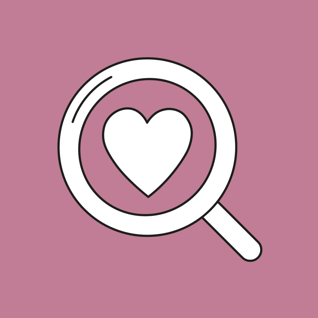 Das Bild zeigt eine Lupe und darin ein Herz. Das Herz und die Lupe sind weiß. Der Hintergrund ist rosa rot.