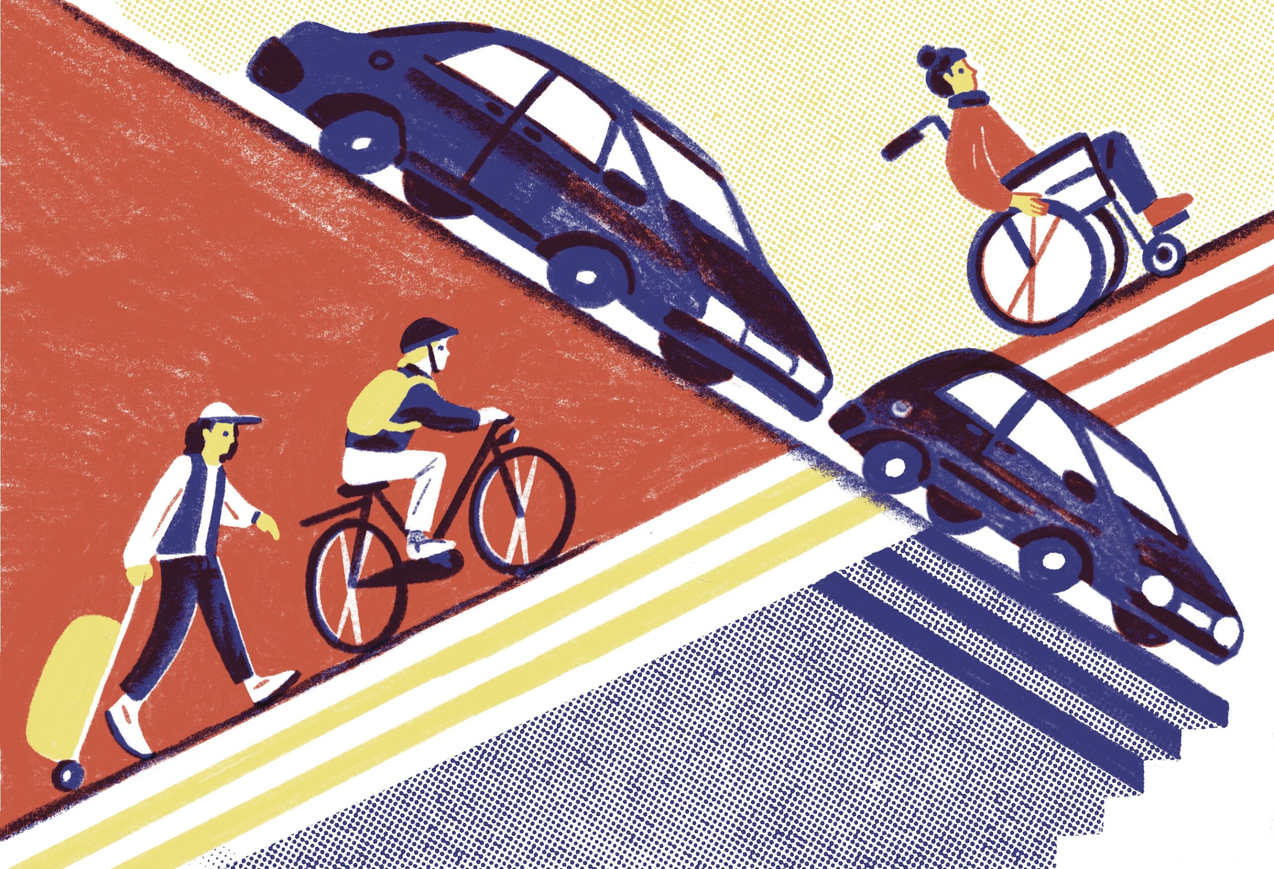 Die Illustration zeigt eine Kreuzung. Darauf fahren Fahrräder, Autos, und eine Person im Rollstuhl.