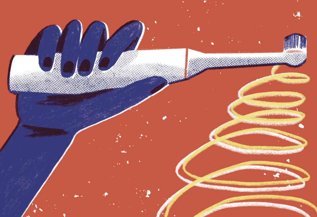 Die Illustration zeigt eine Hand, die eine elektrische Zahnbürste nach oben hält. Der Hintergrrund ist orange.
