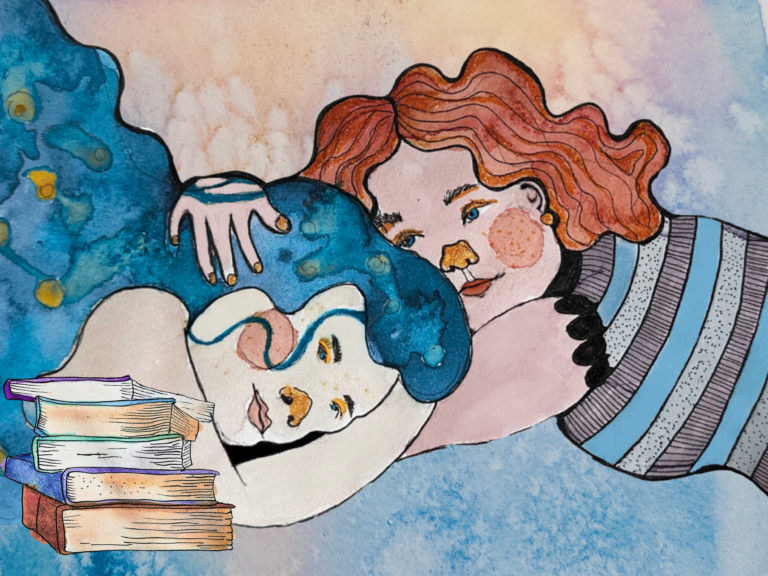 Zwei Mädchen liegen übereinander. Das Mädchen auf der linken Seite hat lange blaue Haare. Das Mädchen auf der rechten Seite hat kurze rote Haare. Der Hintergrund ist blau und rosa. Rechts unten steht ein Stapel Bücher.