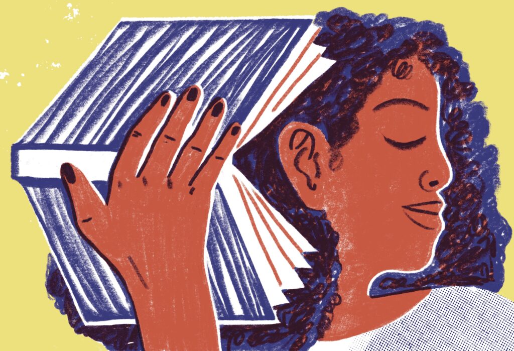 Die Illustration zeigt eine Person, die sich ein offenes Buch an das Ohr hält.