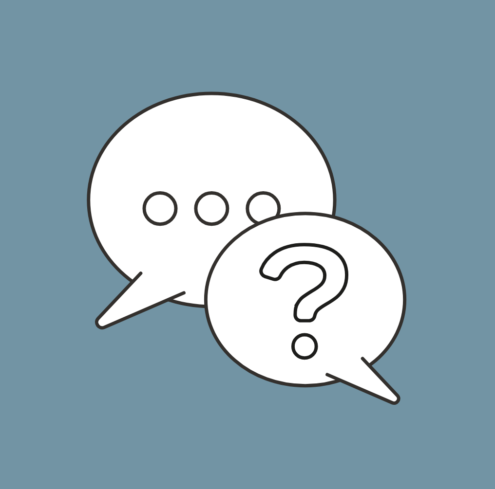 Das Icon zeigt zwei Sprechblasen. In der linken Sprechblase sind drei Punkte, in der rechten Blase ein Fragezeichen. Der Hintergrund ist helllblau.