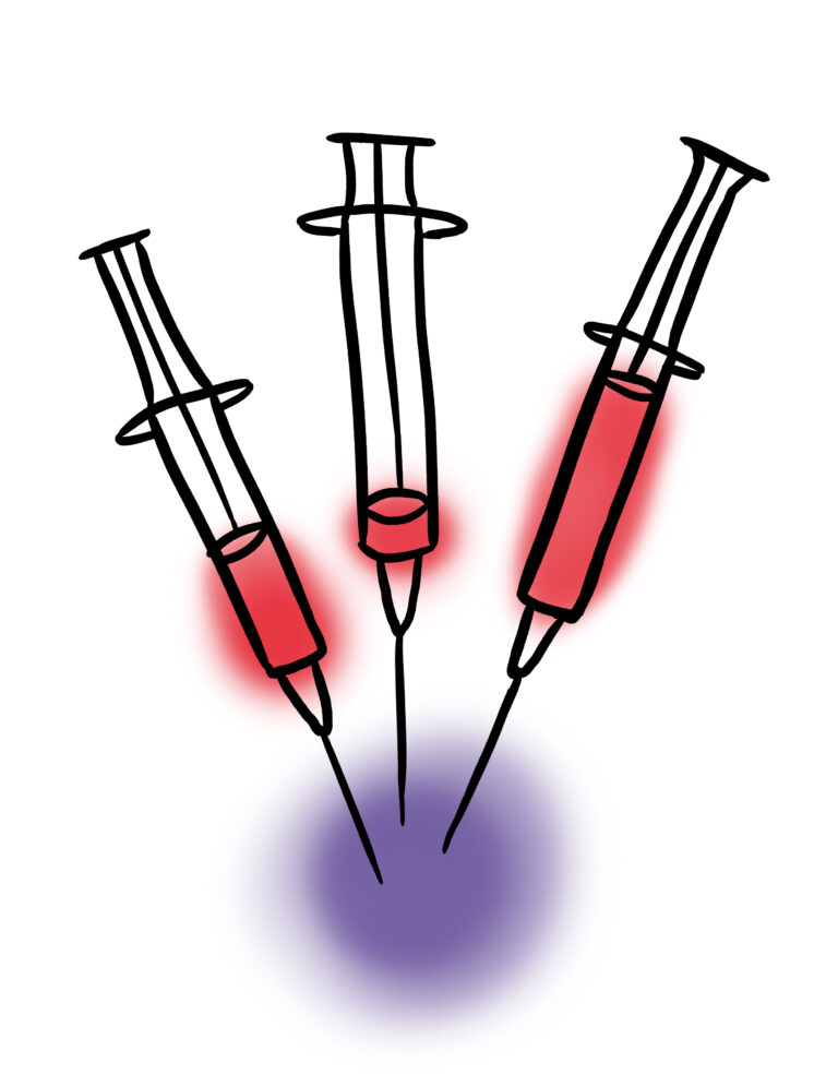 Drei Spritzen stehen nebeneinander.