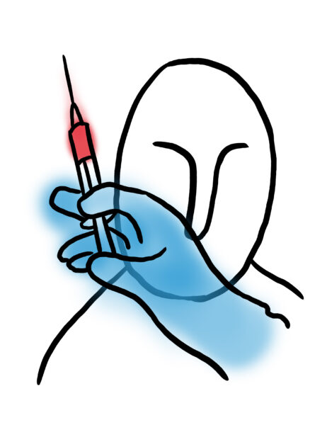 Die Illustration zeigt eine Person und eine Hand, mit einer Spritze. Die Hand ist hellblau, die Spritze rot an de Spitze.