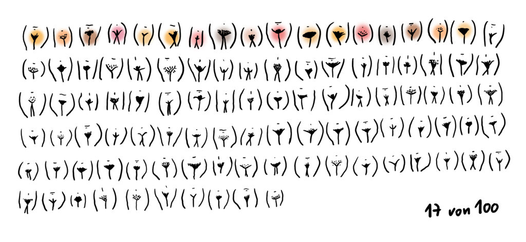 Die Illustration zeigt verschiedene Vulven von Frauen. Sie stehen nebeneinander.