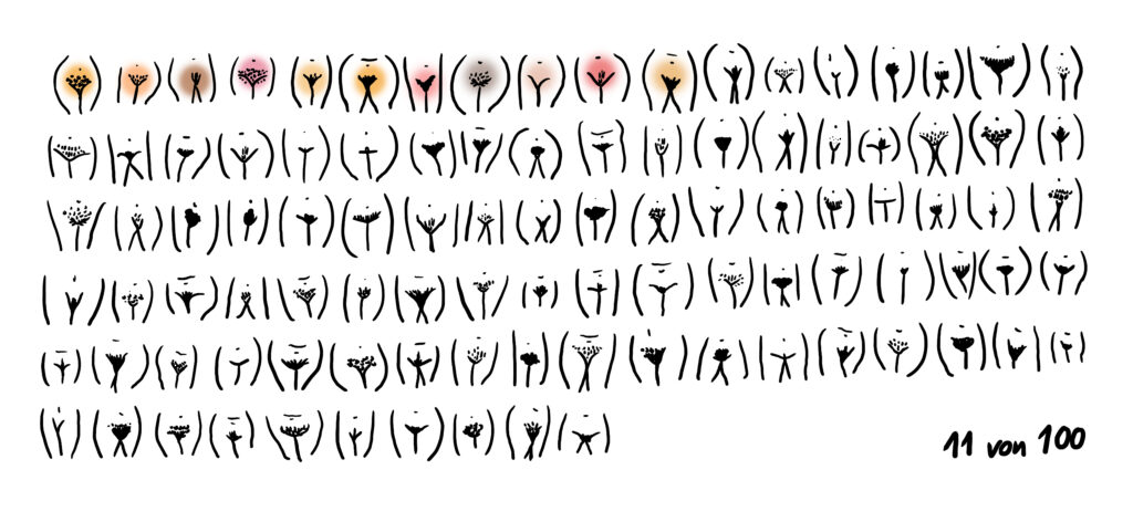 Die Illustration zeigt verschiedene Vulven von Frauen. Sie stehen nebeneinander.