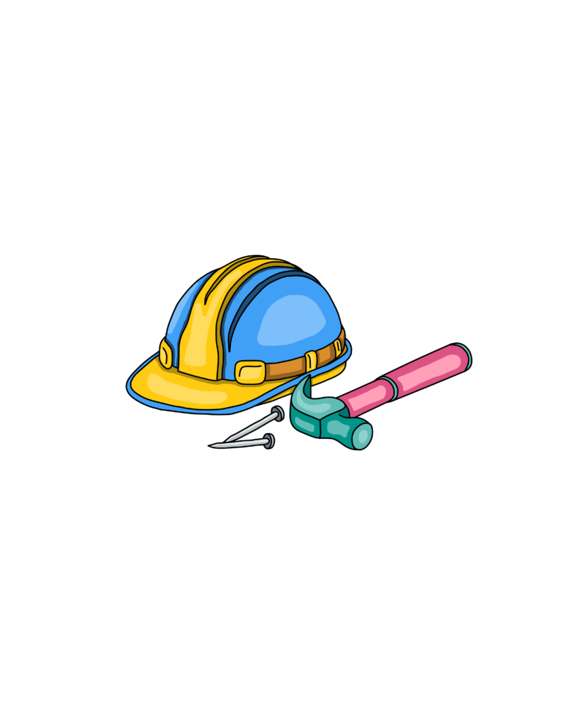 Diese Illustration zeigt einen Helm, Nägel und einen Hammer.