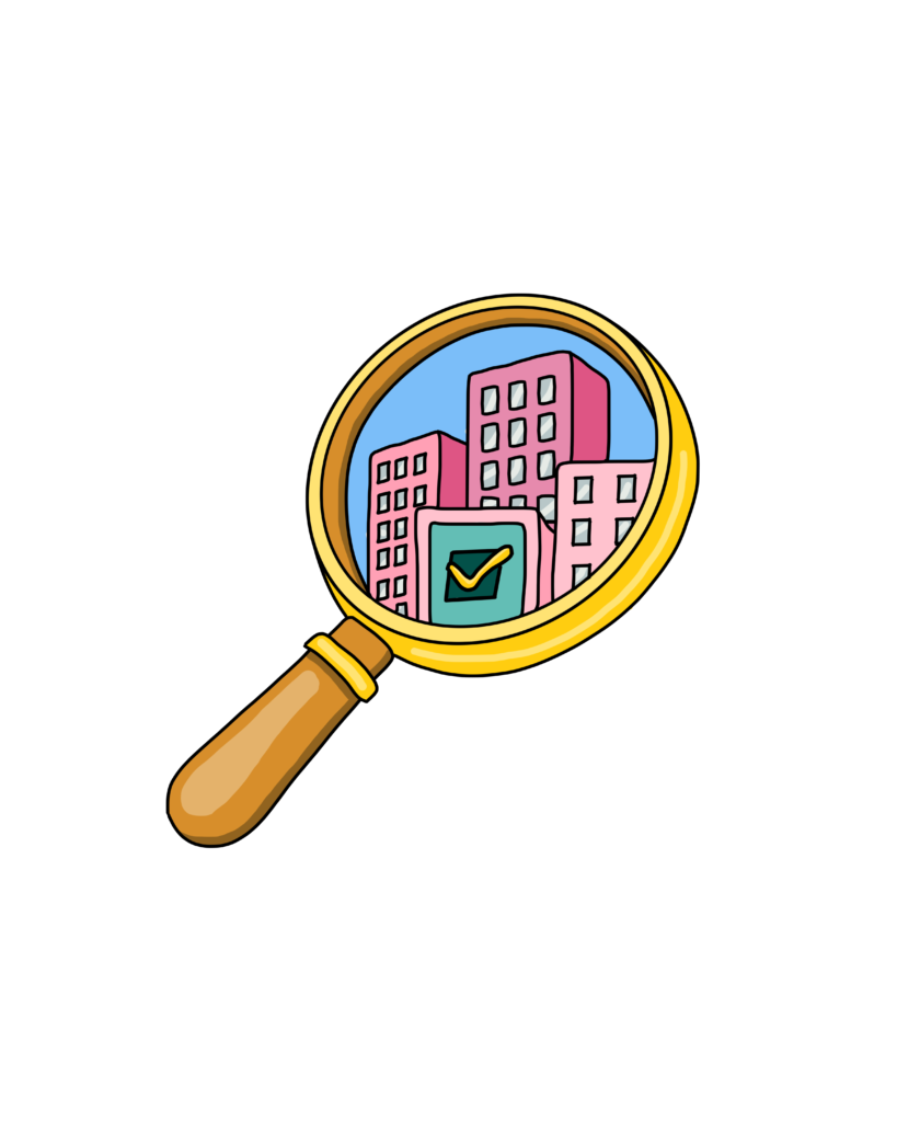 Die Illustration zeigt eine Lupe. Durch die Lupe sind mehrere hohe Häuser zu sehen.
